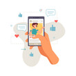 © Sensvector - Smartphone, messages chat in hands, communication via internet, online chat and social networks, messenger. Application on smartphone, likes and woman on screen. Phone with dialogue picture on display