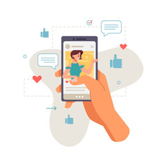 Aufkleber - Smartphone, messages chat in hands, communication via internet, online chat and social networks, messenger. Application on smartphone, likes and woman on screen. Phone with dialogue picture on display