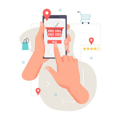 Aufkleber - Application, smartphone in hand, ordering food, products, location. Vector food and fastfood online order, person tapping on screen to deliver food. Red shopping cart trolley, mobile app mockup