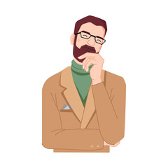 Aufkleber - Thinking dreaming man, holding beard by hand isolated. Vector guy in glasses, fingers on face. Standing male, careful mindful flat cartoon character. Confused, hesitating businessman entrepreneur