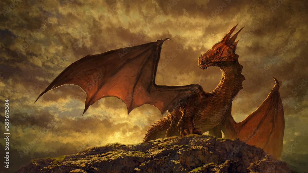fantasy red dragon art - digital illustration - obrazy, fototapety, plakaty 