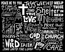 Religious Word Cloud Art For Church Bulletins Or Projects About Jesus And God, Hand Written White Font With Prayer, Faith And Fellowship Words For The Community, And Cross Shape Vector