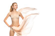 © master1305 - Beautiful female model on white background. Beauty, cosmetics, spa, depilation, diet and fitness concept. Fit and sportive, sensual body with well-kept skin in underwear with flying weightless cloth.