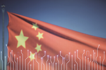 Poster - Abstract virtual micro circuit sketch on Chinese flag and sunset sky background, future technology and AI concept. Double exposure