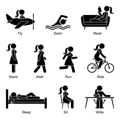 Young active cut out stick figure woman flying, swimming, reading, standing, walking, going, running, riding, sleeping, sitting, writing vector illustration pictogram icon set