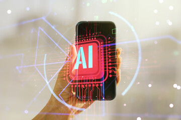 Poster - Double exposure of creative artificial Intelligence abbreviation and hand with cellphone on background. Future technology and AI concept