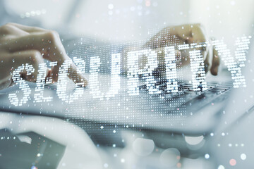 Aufkleber - Cyber security creative concept with hands typing on computer keyboard on background. Double exposure