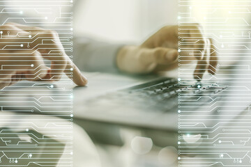Poster - Creative abstract micro circuit sketch and hands typing on computer keyboard on background, future technology and AI concept. Double exposure