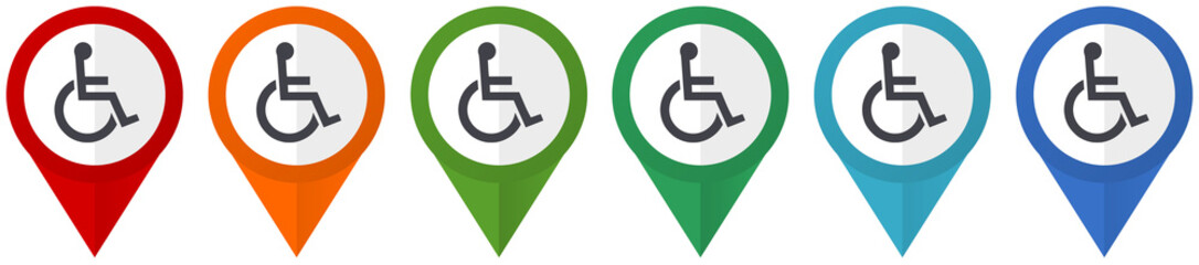 Leinwandbilder - Wheelchair vector pointers, set of colorful flat design icons isolated on white background