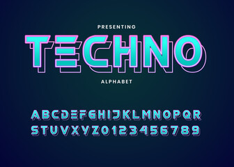Poster - futuristic neon light custom font alphabet style. techno style typography for electronic music