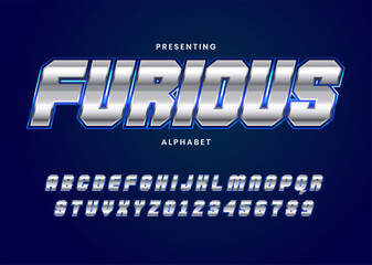Poster - Furious metallic cinematic font style. Typography technology electronic sport digital game music future creative font.