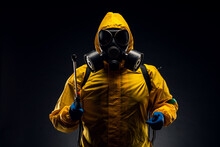Portrait Of A Man In A Yellow Chemical Protection Suit Holding A Sprayed Disinfectant