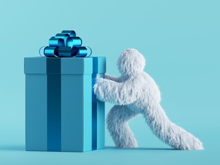 Wall Mural - 3d render, white hairy yeti pushes the big heavy gift box, bigfoot cartoon character prepares surprise. Festive clip art isolated on mint blue background