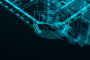 Wall Mural - Architecture blueprint on digital lcd display with reflection. Abstract technology background. 3D rendering.