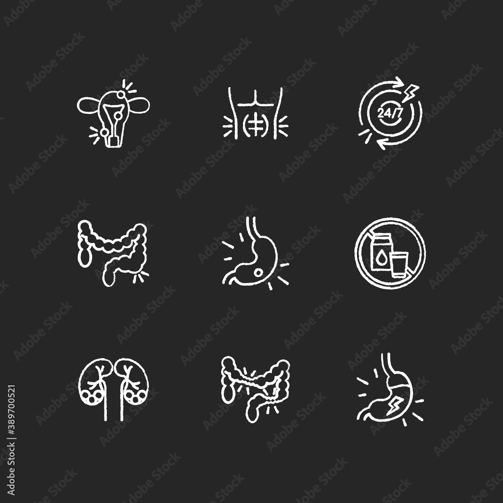 Straining Icon Constipation Abdominal pain chalk white icons set on black background. Endometriosis ...
