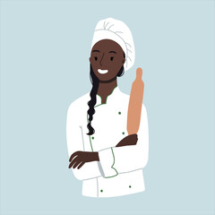 Young smiling confident Woman Chef with a rolling pin in his hand. African american ethnic character.Vector hand drawn illustration. Cartoon style. Flat design.