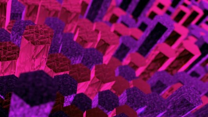neon colored 3d hexagons moving up and down. pink and purple three dimensional textured glowing shap