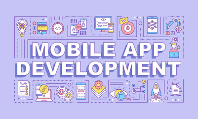 Mobile app development word concepts banner. Software engineering. Infographics with linear icons on purple background. Isolated typography. Vector outline RGB color illustration