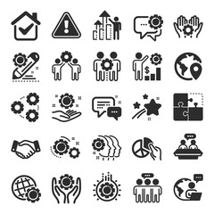 Aufkleber - Employees benefits icons. Business strategy, handshake and people collaboration. Teamwork, social responsibility, people relationship icons. Growth chart, employees benefits. Flat icon set. Vector