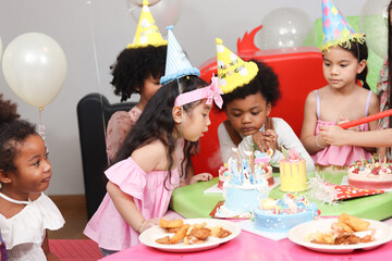 Happy birthday party event, group of adorable kids celebrate birthday party together, happy children have fun together