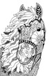 Colouring image of fun black and white horse with decorative elements