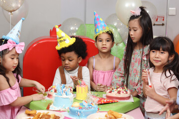 Happy birthday party event, group of adorable kids celebrate birthday party together, happy children have fun together