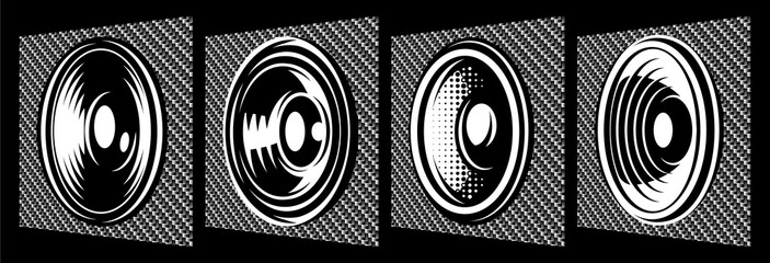 Set of different speakers. Vector monochrome illustration. Elements for design. Carbon fiber background