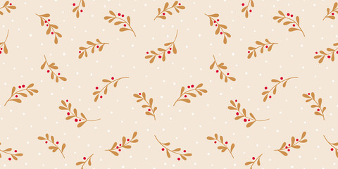 Christmas background with tree branches and snowflakes. Vector seamless pattern with mistletoe.