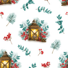 Seamless Pattern With Watercolor Lantern, Cinnamon, Branches, Red Berries. Hand Drawn Illustration Is Isolated On White. Winter Ornament Is Perfect For Christmas Design, Holiday Print, Fabric Textile