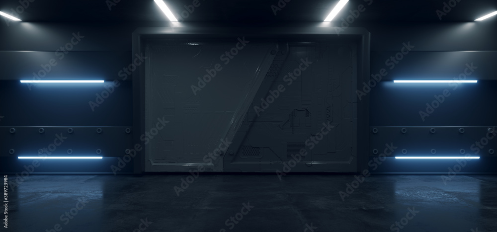 Sci Fi Neon Glowing Blue Cinematic Showroom Spaceship Futuristic Metal ...