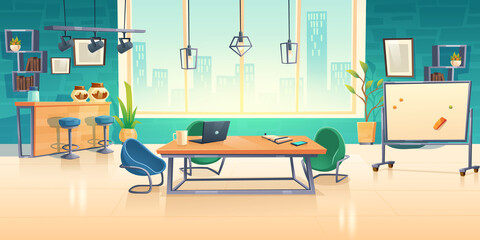 Wall Mural - Coworking space interior, empty office business center with computer on desks, comfortable armchairs and coffee break zone. Area for teamwork, freelance shared workplace cartoon vector illustration