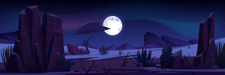 desert landscape with rocks, tropical tree, plants and cactuses at night. vector cartoon illustratio