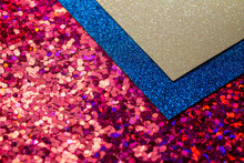 Full Frame Abstract Art Overlay Background Of Sparkling White Blue And Red Glitter Textures, With Bokeh And Copy Space