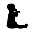 eight months baby sitting from profile with one hand in mouth and one hand raised, child evolution, vector silhouette isolated on white background
