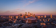 Drone Flight Over The Skyline Of Minneapolis, Minnesota USA With A Nice View To The US Banks Stadium From The Vikings 