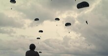 Low Angle, Parachuting Soldiers In Normandy