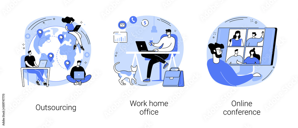 Distance working abstract concept vector illustration set. Outsourcing, work home office, online conference, freelance job, team digital meeting, IT business, internet platform abstract metaphor. - obrazy, fototapety, plakaty 
