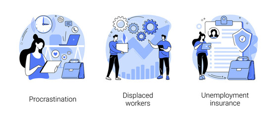 Wall Mural - Business termination abstract concept vector illustration set. Procrastination, displaced workers, unemployment insurance, professional burnout, lost job position, claim form abstract metaphor.