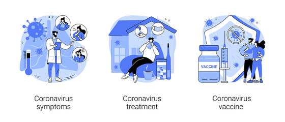 Covid19 pandemic abstract concept vector illustration set. Coronavirus symptoms, treatment and vaccine, intensive therapy, wearing a mask, lung ventilation, fever and cough abstract metaphor.