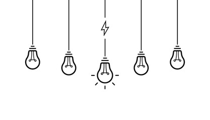 Poster - Creative idea. Set of hanging from above light bulbs. Light bulb with cable and lightning bolt. Vector illlustration