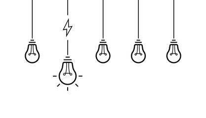 Poster - Creative idea. Set of hanging from above light bulbs. Light bulb with cable and lightning bolt. Vector illlustration