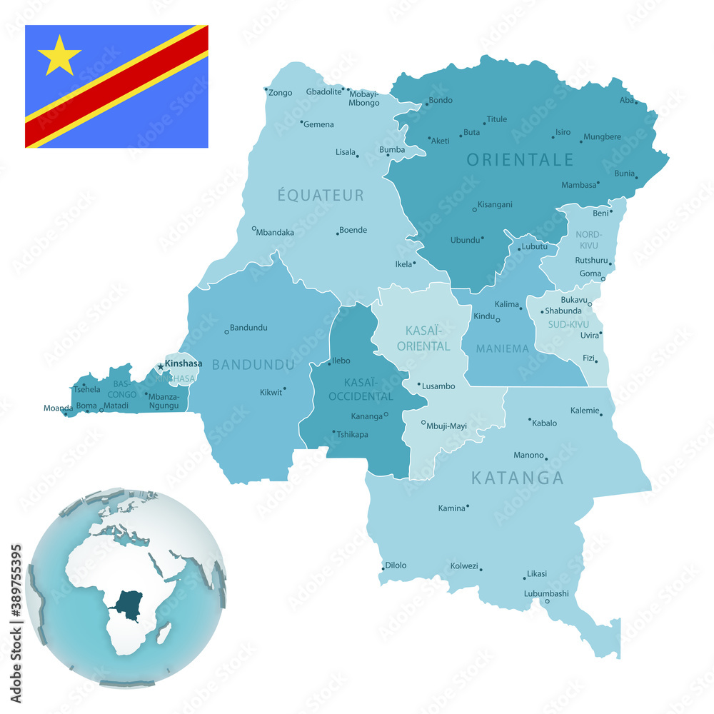 Democratic Republic of the Congo administrative blue-green map with ...