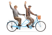 Elderly Men Riding A Blue Tandem Bicycle And Waving At Camera