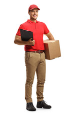 Wall Mural - Full length portrait of a male delivery worker in a uniform holding a clipboard and a box