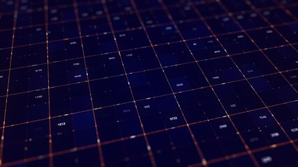 Aufkleber - A data grid of streaming numbers changing on digital display. Animation. Abstract flowing blocks of content with changing numerical data, seamless loop.