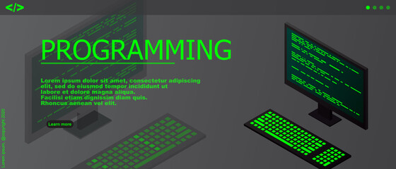 Fototapete - Programming or Software development web page template. Vector illustration with laptop isometric view and program code on screen. Programming concept. vector illustration