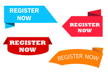 Poster - Vector set of red register now labels. Registration icons. Buttons for joining. Stock image. EPS10
