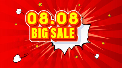Poster - Shopping Day 08.08 Global Big Sale of the year. Expressive volumetric text. Pop art background with comic speech bubble. Vector 3d illustration