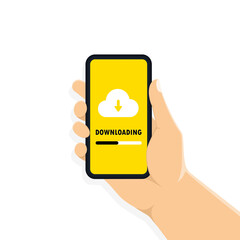 Poster - Hand holds smartphone with button download and download cloud on screen. Downloading mobile application. Vector flat cartoon illustration for web sites and banners design