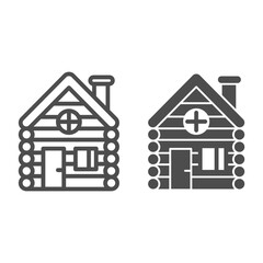 Poster - Old wooden house line and solid icon, Christmas concept, Timbered and wood home sign on white background, Rural or country home icon in outline style for mobile and web design. Vector graphics.